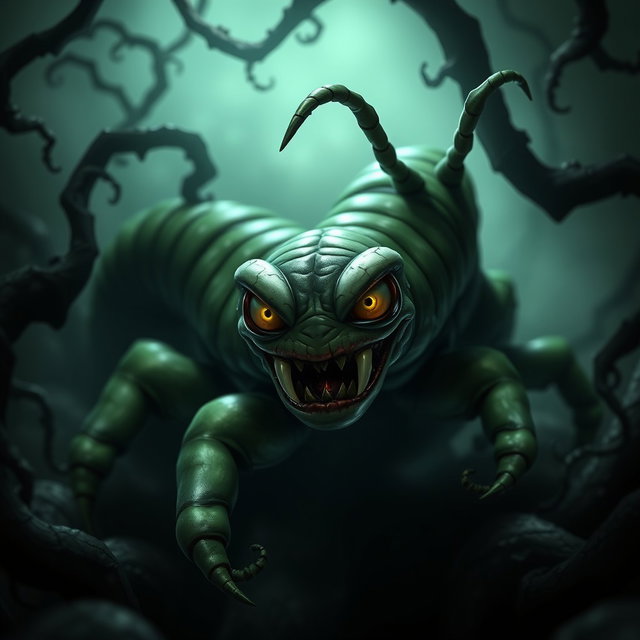 A creepy deep green centipede character with an elongated, segmented body that looks both intriguing and unsettling