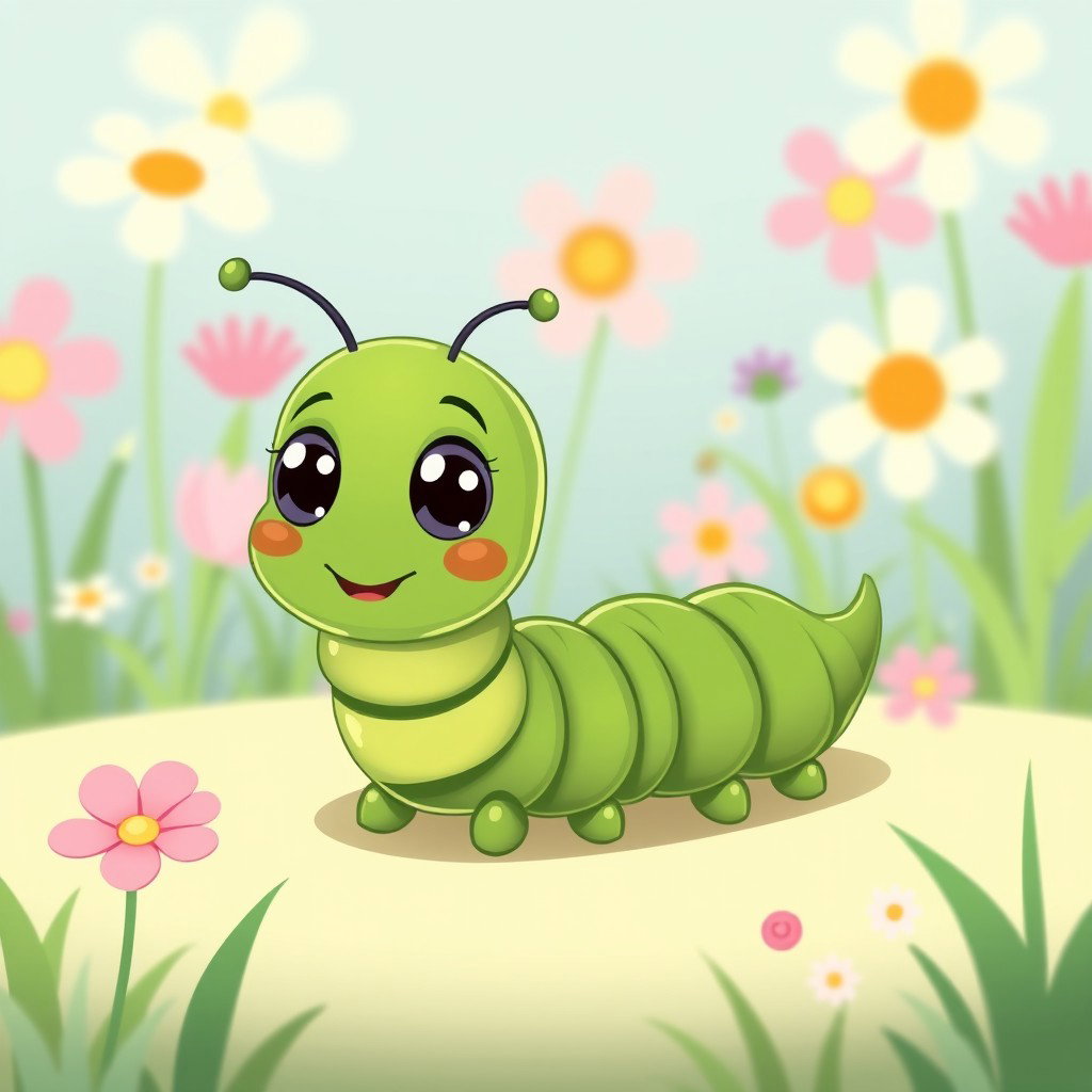 A cute deep green centipede character with a slightly elongated, segmented body, showcasing a whimsical design that emphasizes charm