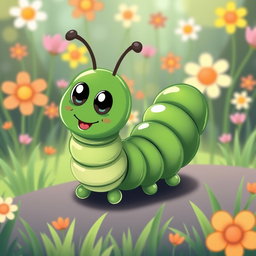 A cute deep green centipede character with a slightly elongated, segmented body, showcasing a whimsical design that emphasizes charm