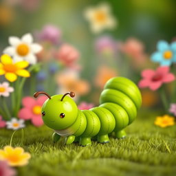 A cute deep green centipede character with a slightly elongated, segmented body, showcasing a whimsical design that emphasizes charm