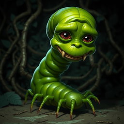 A slightly creepy deep green centipede character with an elongated, segmented body that appears both intriguing and unsettling