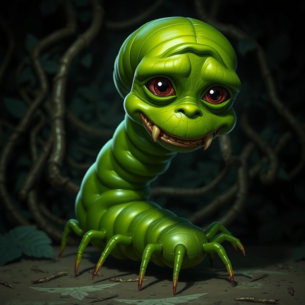 A slightly creepy deep green centipede character with an elongated, segmented body that appears both intriguing and unsettling