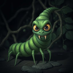 A slightly creepy deep green centipede character with an elongated, segmented body that appears both intriguing and unsettling