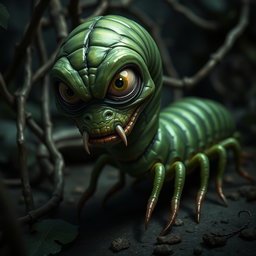 A slightly creepy deep green centipede character with an elongated, segmented body that appears both intriguing and unsettling