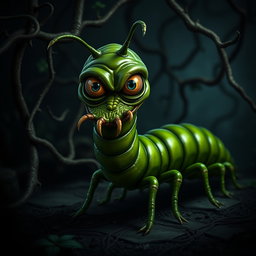 A slightly creepy deep green centipede character with an elongated, segmented body that appears both intriguing and unsettling
