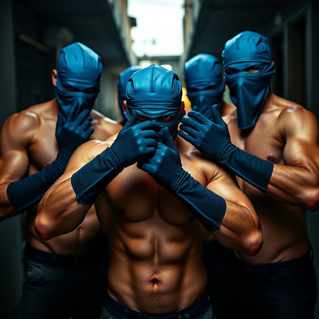 Un grupo de ladrones masculinos, todos sin camisetas, mostrando físicos musculosos