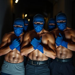 Un grupo de ladrones masculinos, todos sin camisetas, mostrando físicos musculosos