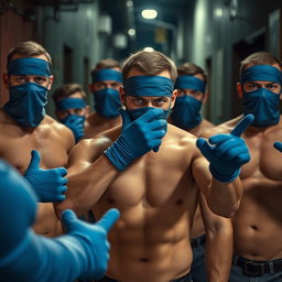Un grupo de ladrones masculinos, todos sin camisetas, mostrando físicos musculosos