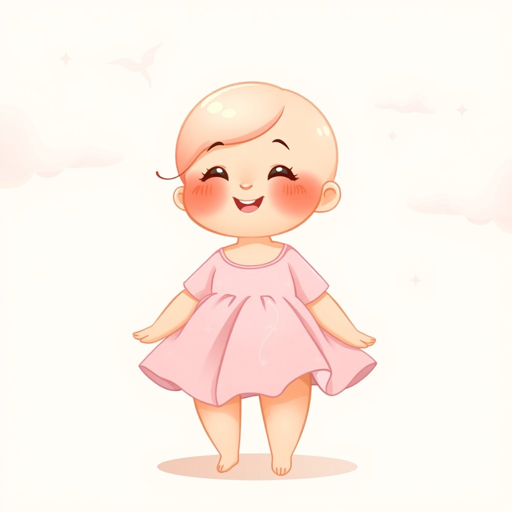 A cute, chubby lady character with smooth skin and no hair, radiating a sense of warmth and friendliness