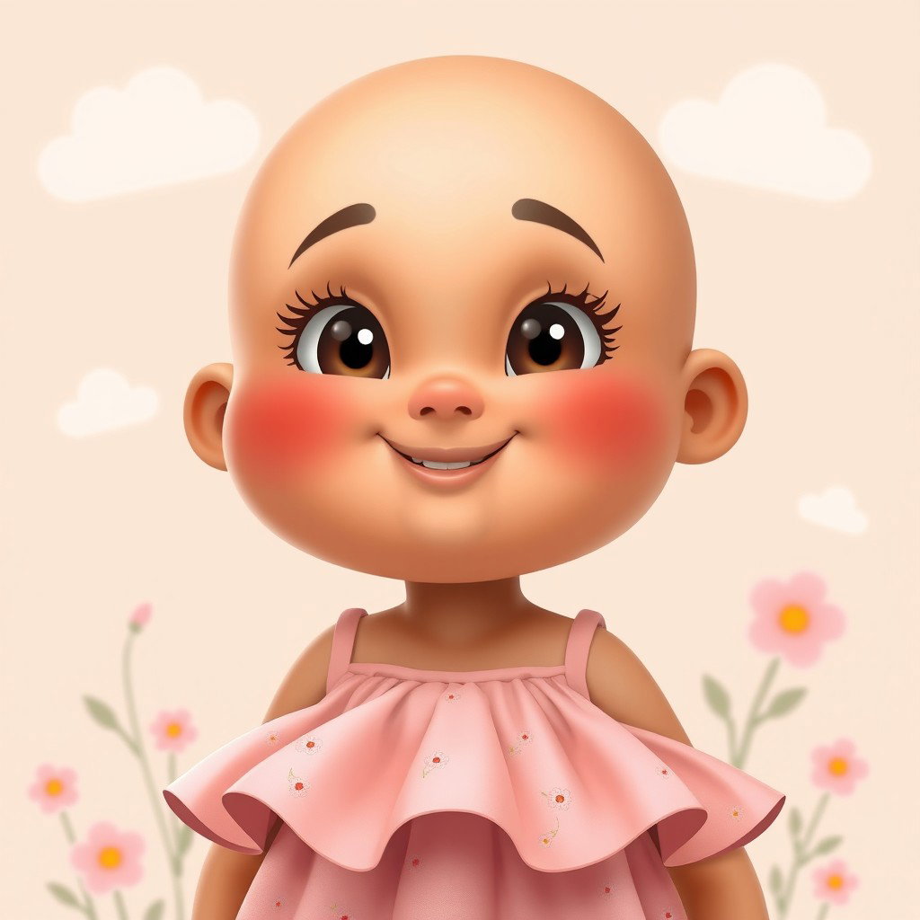 A delightful, chubby woman character with smooth, bald skin, embodying a sense of warmth and friendliness