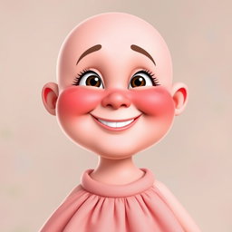A charming, chubby middle-aged woman character with smooth, pink skin and a cheerful demeanor