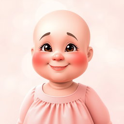 A charming, chubby middle-aged woman character with smooth, pink skin and a cheerful demeanor