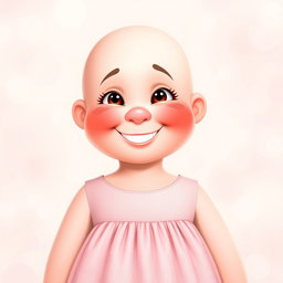 A charming, chubby middle-aged woman character with smooth, pink skin and a cheerful demeanor
