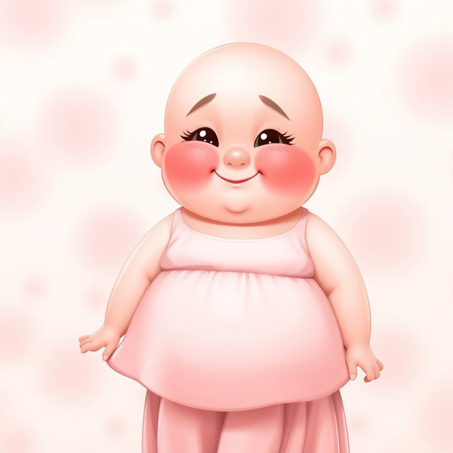 A charming, chubby middle-aged woman character with smooth, pink skin and a cheerful demeanor