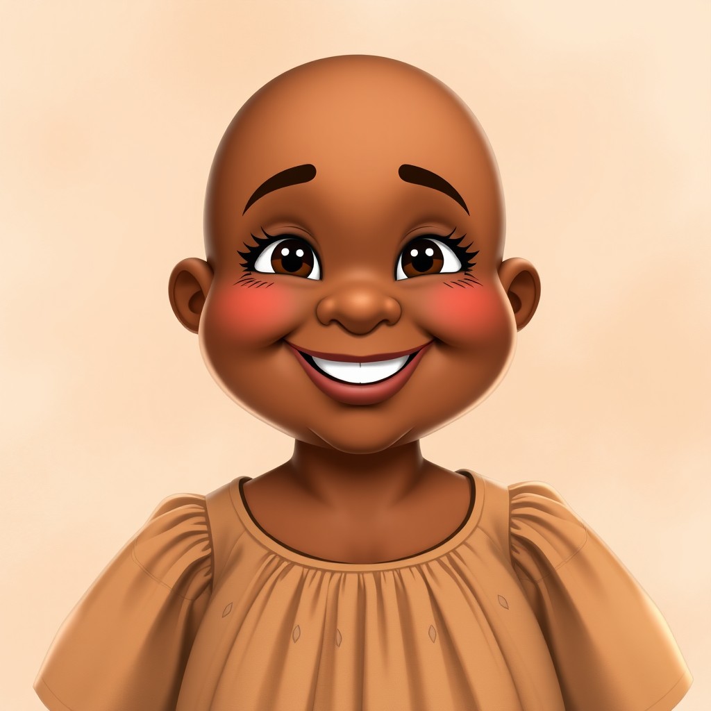 A cheerful, chubby middle-aged woman character with warm, brown skin and a friendly demeanor