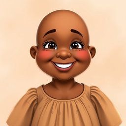 A cheerful, chubby middle-aged woman character with warm, brown skin and a friendly demeanor