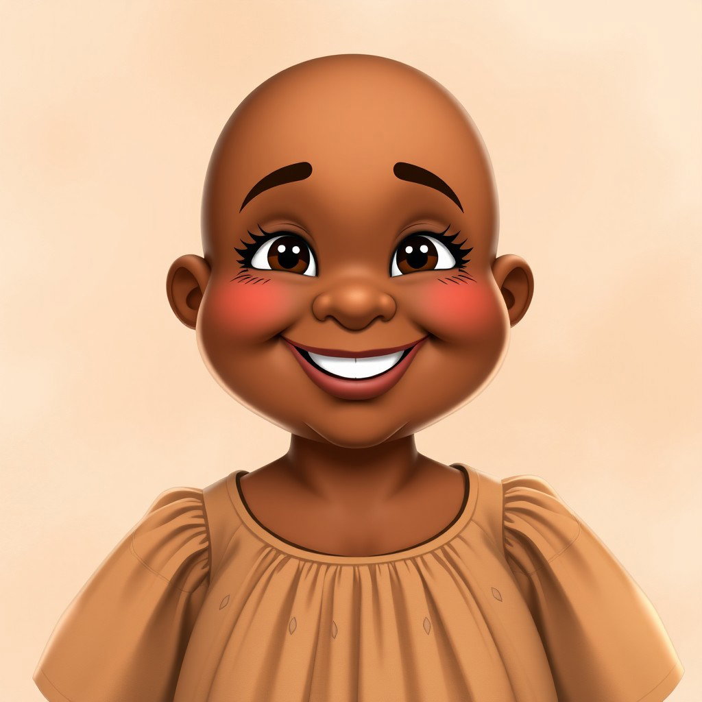 A cheerful, chubby middle-aged woman character with warm, brown skin and a friendly demeanor