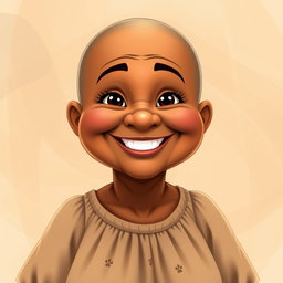 A cheerful, chubby middle-aged woman character with warm, brown skin and a friendly demeanor