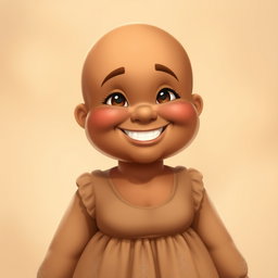 A cheerful, chubby middle-aged woman character with warm, brown skin and a friendly demeanor