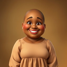 A cheerful, chubby middle-aged woman character with warm, brown skin and a friendly demeanor