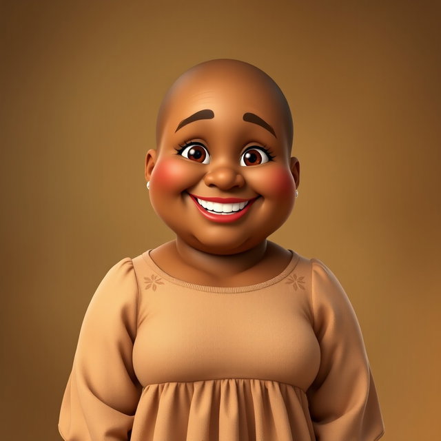 A cheerful, chubby middle-aged woman character with warm, brown skin and a friendly demeanor