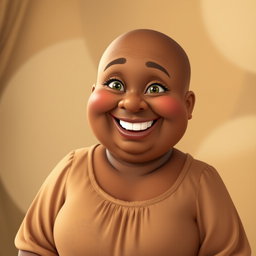 A joyful, extra chubby middle-aged woman character with rich, brown skin and a radiant smile