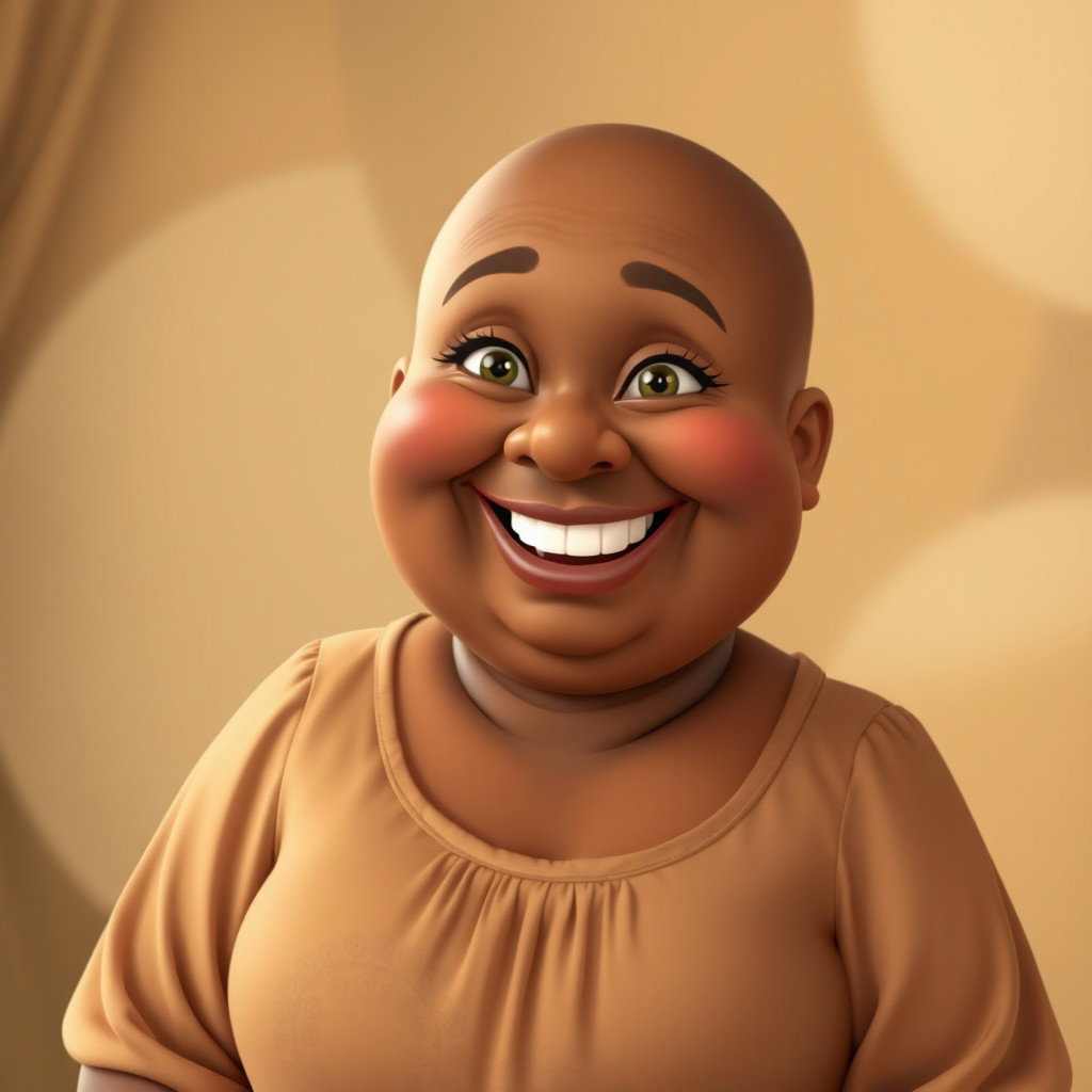 A joyful, extra chubby middle-aged woman character with rich, brown skin and a radiant smile