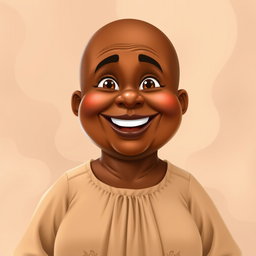 A joyful, extra chubby middle-aged woman character with rich, brown skin and a radiant smile