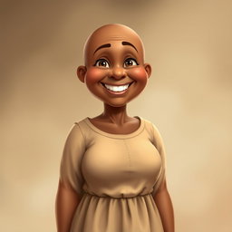 A joyful, extra chubby middle-aged woman character with rich, brown skin and a radiant smile