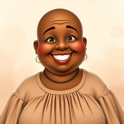 A joyful, extra chubby middle-aged woman character with rich, brown skin and a radiant smile