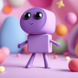 A whimsical, tiny purple girl character with a unique design, featuring a square-shaped body and a circular head