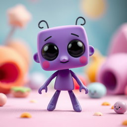 A whimsical, tiny purple girl character with a unique design, featuring a square-shaped body and a circular head