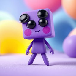 A whimsical, tiny purple girl character with a unique design, featuring a square-shaped body and a circular head