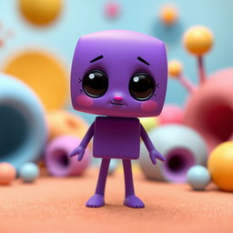 A whimsical, tiny purple girl character with a unique design, featuring a square-shaped body and a circular head