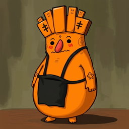 A bright orange character that is rotund at the bottom and has no legs, giving it a unique and playful appearance