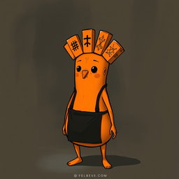 A bright orange character that is rotund at the bottom and has no legs, giving it a unique and playful appearance