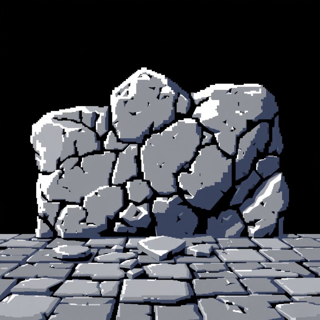 A large, pixel art styled piece of stone that has been torn out from the floor, depicted in a blocky, retro design