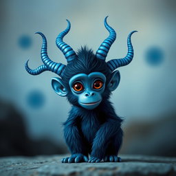 A striking dark blue monkey featuring multiple blue horns that create a fantastical and unique appearance