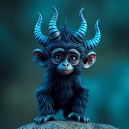 A striking dark blue monkey featuring multiple blue horns that create a fantastical and unique appearance