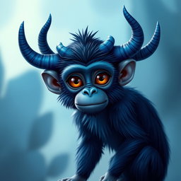 A striking dark blue monkey featuring multiple blue horns that create a fantastical and unique appearance