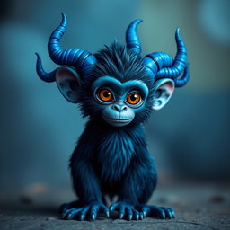 A striking dark blue monkey featuring multiple blue horns that create a fantastical and unique appearance