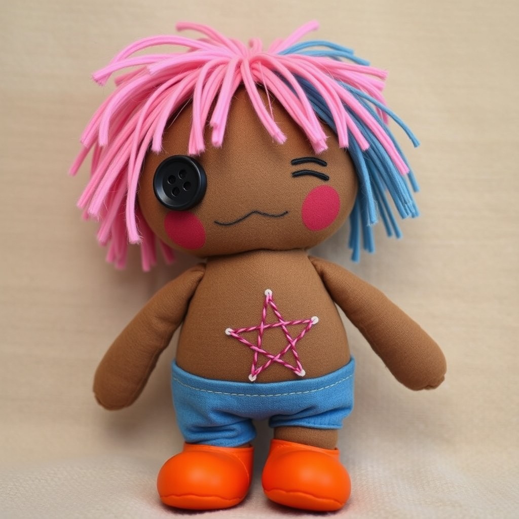 A whimsical rag doll character with brown skin that exudes a handmade charm