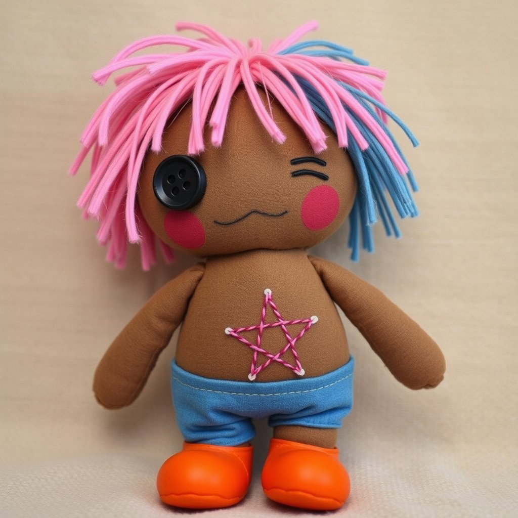 A whimsical rag doll character with brown skin that exudes a handmade charm