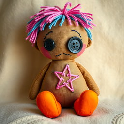 A whimsical rag doll character with brown skin that exudes a handmade charm