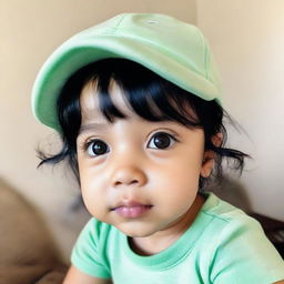 A low-resolution selfie of a toddler girl with black hair and olive skin, cutely peering into the camera. She is wearing a little cap and a mint-colored t-shirt.