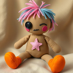 A whimsical rag doll character with brown skin that exudes a handmade charm