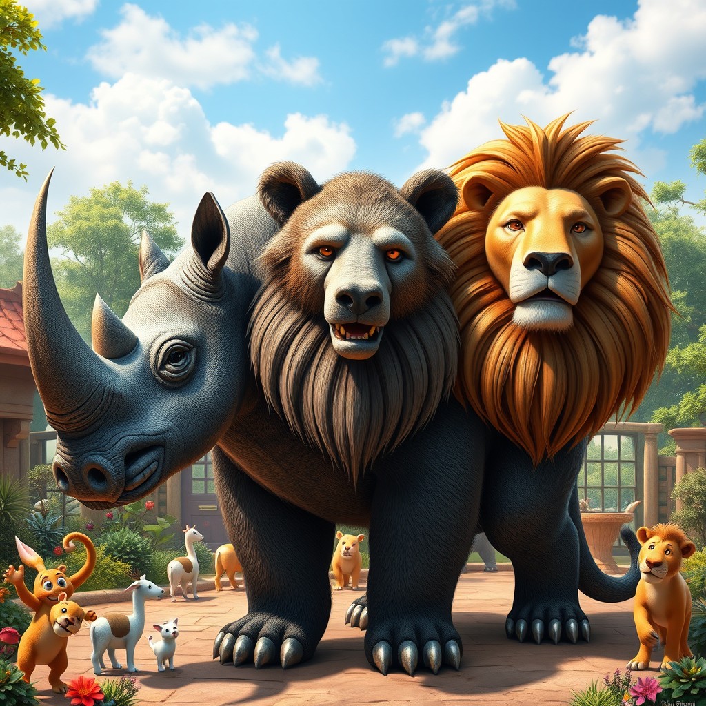A captivating three-headed chimera featuring a combination of a rhinoceros, a bear, and a lion, situated in a whimsical zoo setting