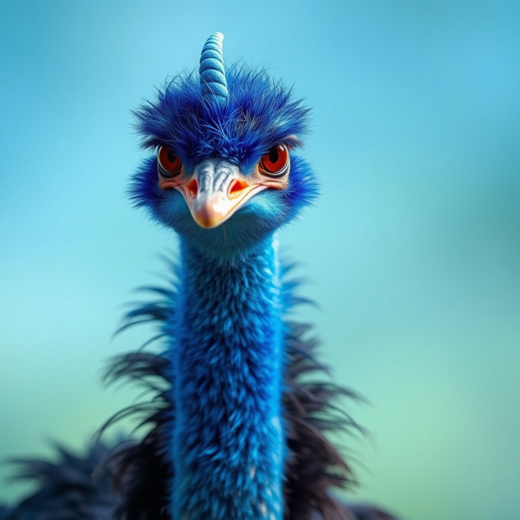 A vibrant blue ostrich characterized by its stunning blue feathers that shimmer under light
