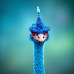 A vibrant blue ostrich characterized by its stunning blue feathers that shimmer under light