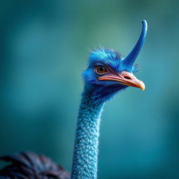 A vibrant blue ostrich characterized by its stunning blue feathers that shimmer under light